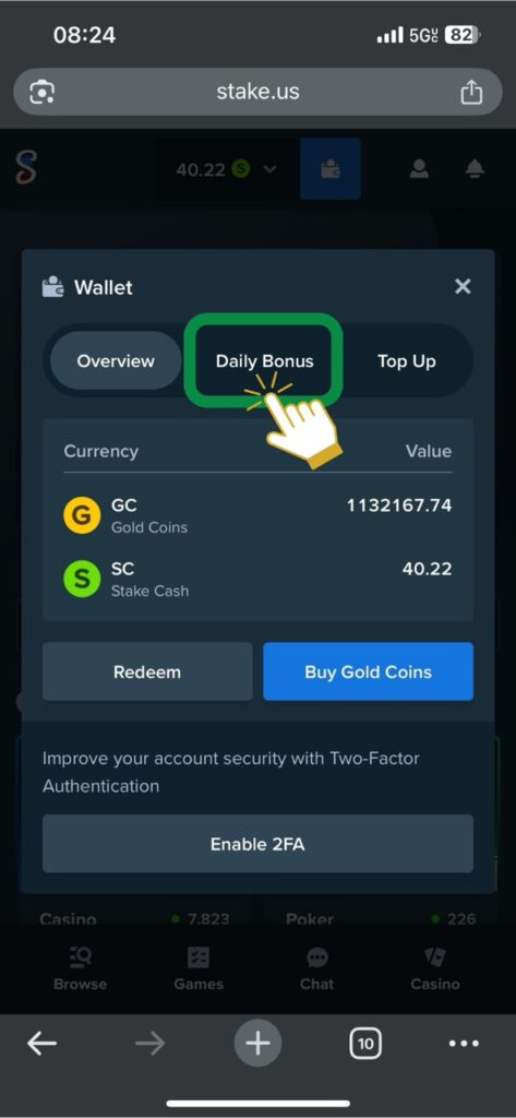 Collecting Daily Stake Rewards - Click "Daily Bonus"